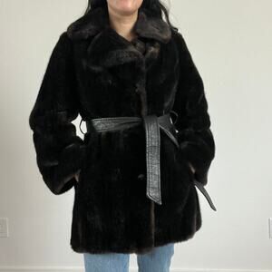 Vintage Faux Fur Belted Coat Chocolate Brown Warm Winter Outerwear